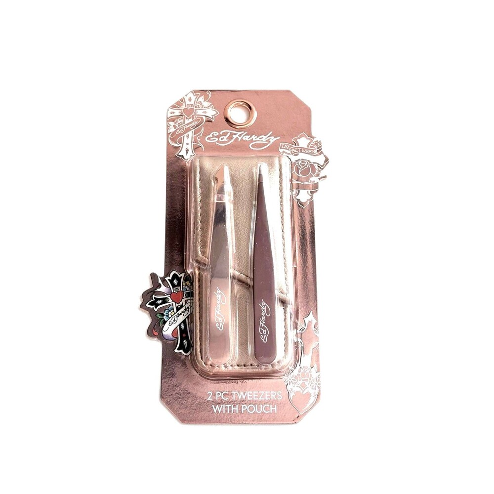 Ed Hardy 2 Piece  Rose Gold Tweezers With Storage Pouch NEW In package